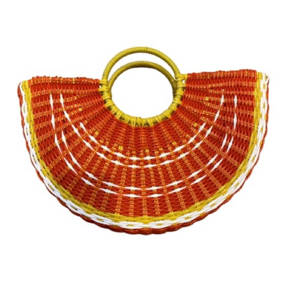 SUNGLOW Style Beach Tote Bag Woven Orange Slice Shaped with Handles Retro